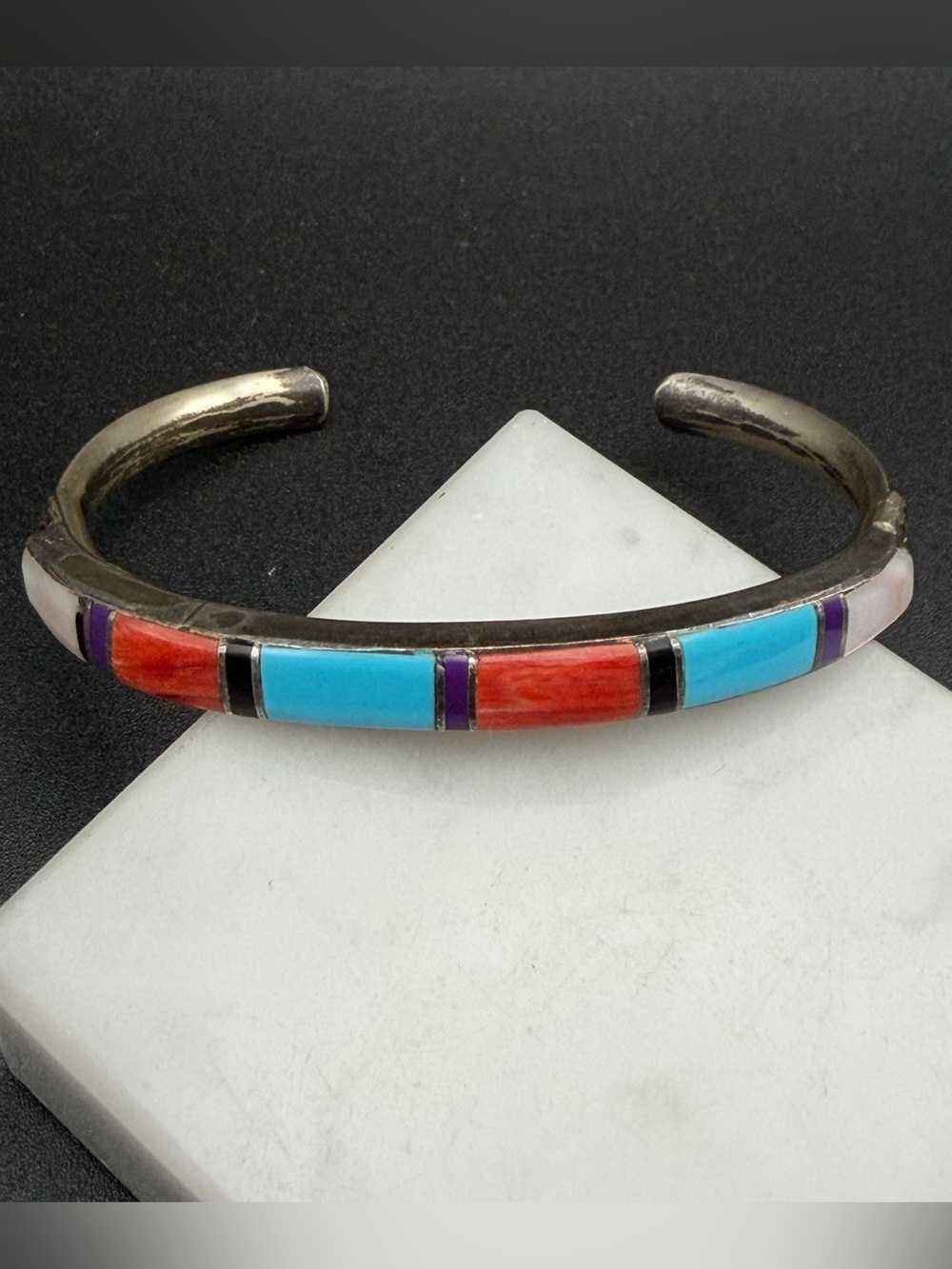 Vintage Zuni Multi-stone Channel Inlay 925 Sterling Silver Cuff Bracelet #S83